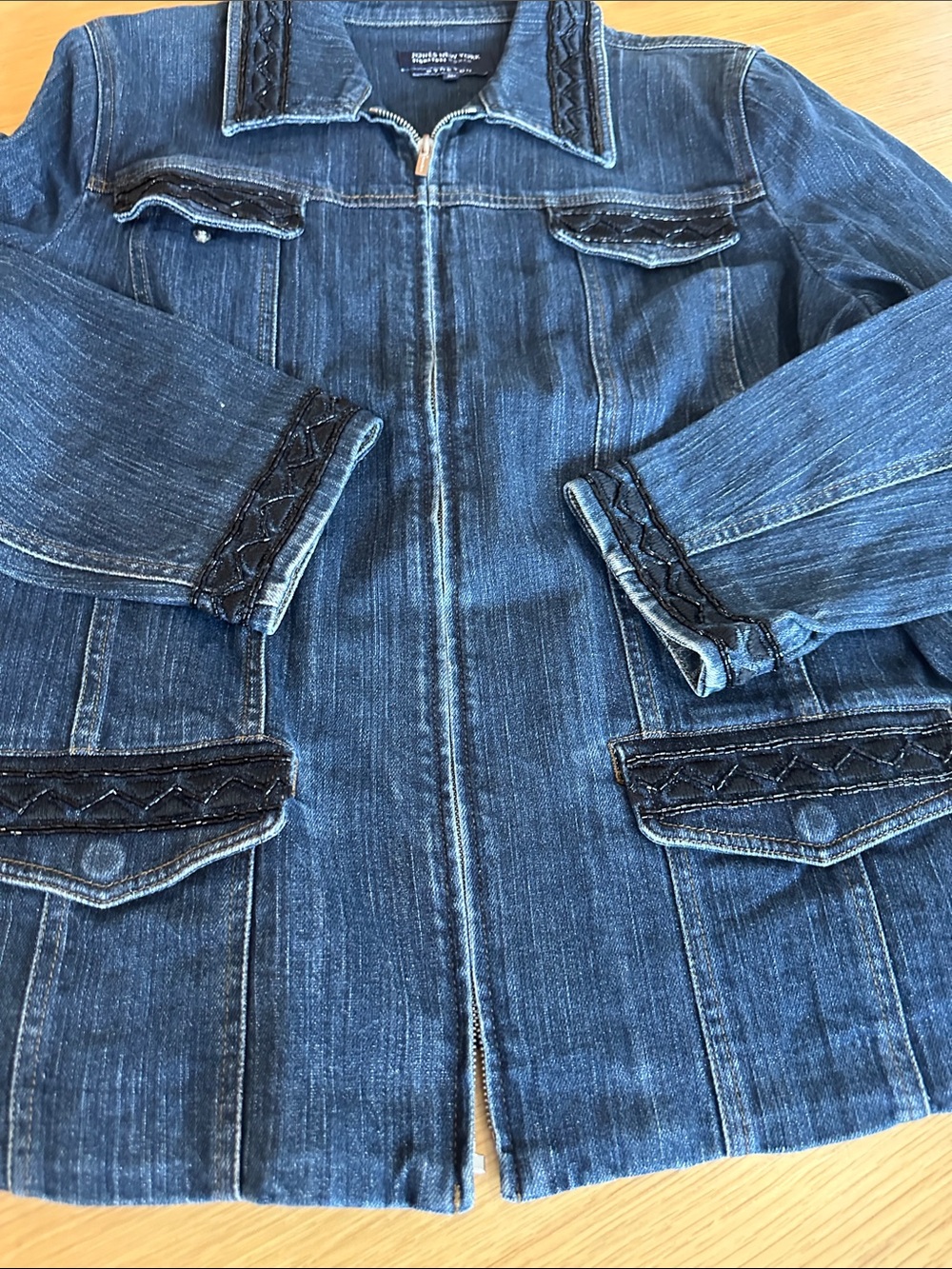 Jones New York Womens Beaded Jean Jacket - Dark Blue Stretch Denim